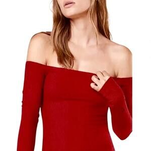 Reformation Off the Shoulder Long Sleeve Top Deep Red Straight Neckline SZ M